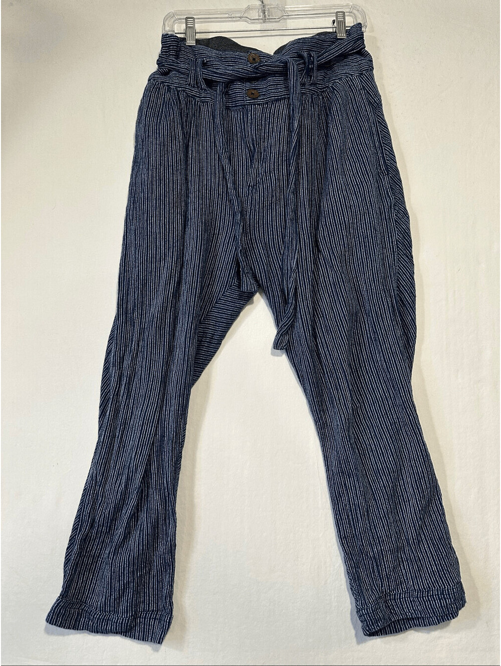 Free People Made In India Paperbag Waist Stripe Pants Size 8 Blue White